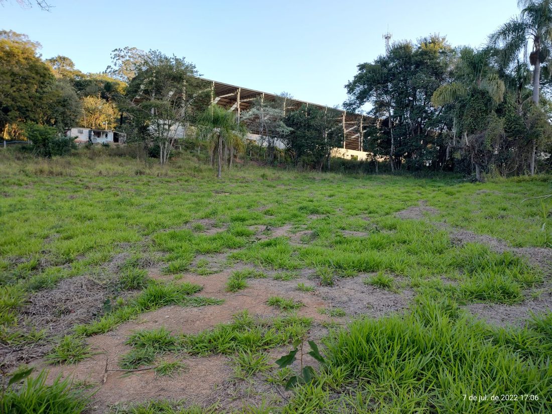 Extensão do terreno, com vegetação e construções ao fundo